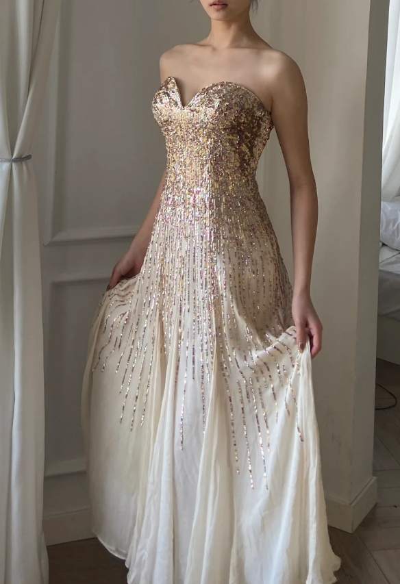 Elegant Off-white Heart Neck A-Line Sequin Chiffon Long Prom Dress Evening Dress P4790