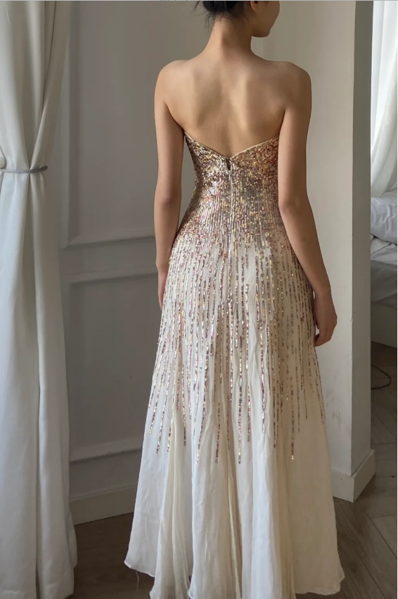 Elegant Off-white Heart Neck A-Line Sequin Chiffon Long Prom Dress Evening Dress P4790