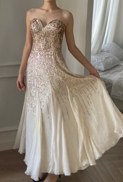 Elegant Off-white Heart Neck A-Line Sequin Chiffon Long Prom Dress Evening Dress P4790