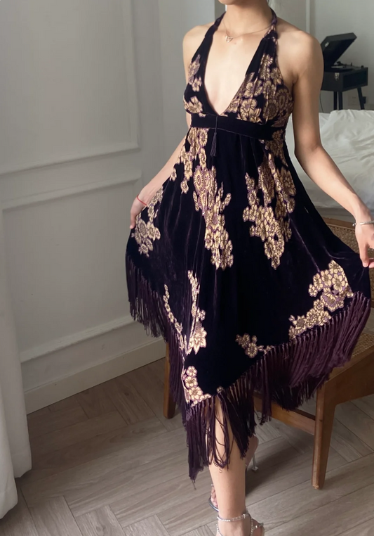 Vintage Dark Purple Halter Neck Tassel Velvet Prom Dress Evening Dress P4791