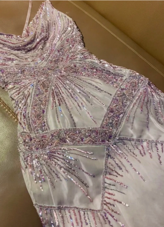 Luxurious Lavender Spaghetti Strap Beaded Irregular Chiffon Long Prom Dress Evening Dress P4792