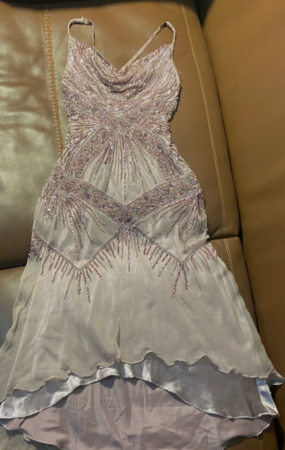 Luxurious Lavender Spaghetti Strap Beaded Irregular Chiffon Long Prom Dress Evening Dress P4792