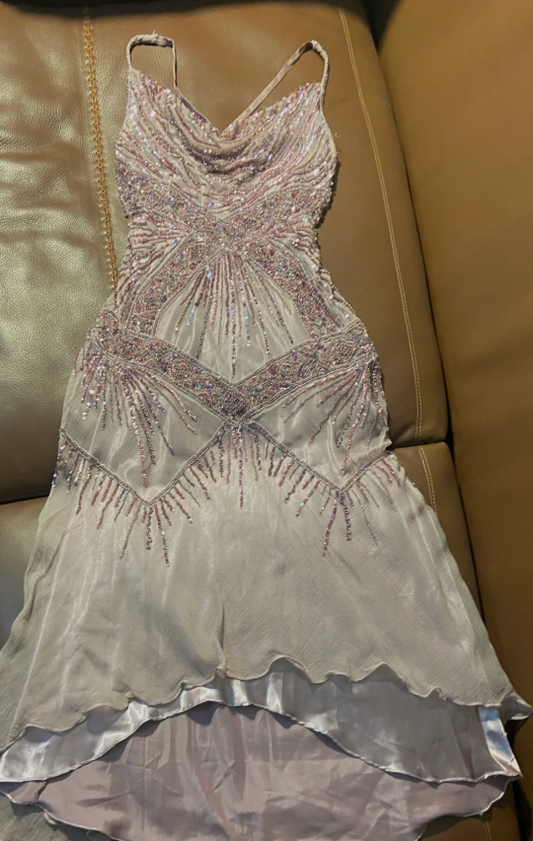 Luxurious Lavender Spaghetti Strap Beaded Irregular Chiffon Long Prom Dress Evening Dress P4792