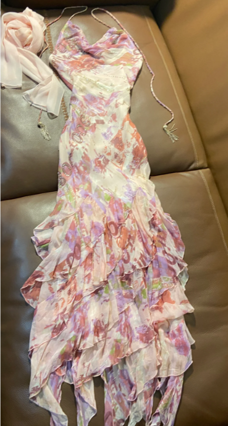 Vintage Printed Halter Neck Asymmetrical Ruffled Chiffon Long Prom Dress Evening Dress P4793