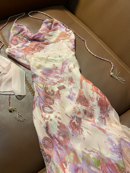 Vintage Printed Halter Neck Asymmetrical Ruffled Chiffon Long Prom Dress Evening Dress P4793