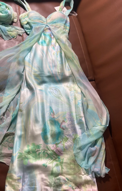 Fresh Blurred Print Chiffon Satin Long Prom Dress Evening Dress P4794