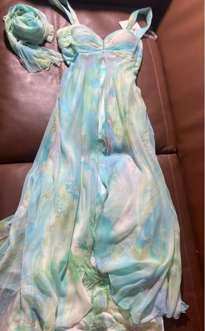 Fresh Blurred Print Chiffon Satin Long Prom Dress Evening Dress P4794
