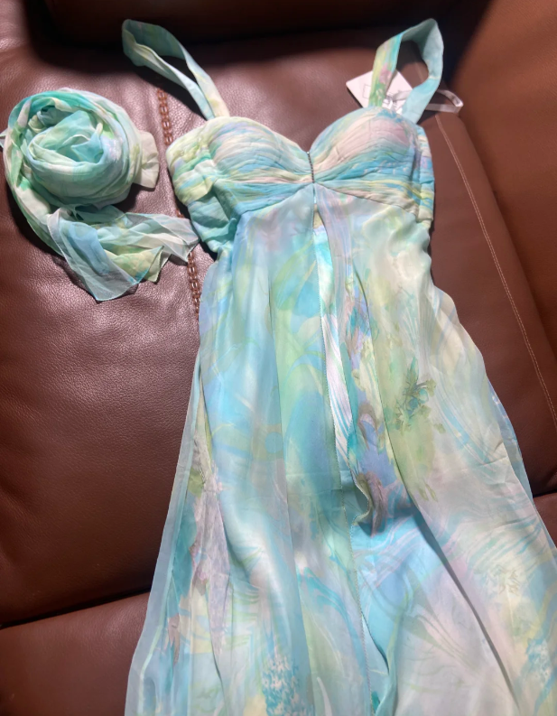 Fresh Blurred Print Chiffon Satin Long Prom Dress Evening Dress P4794
