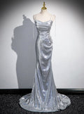 Elegant Silver Sequin Spaghetti Strap Mermaid Evening Gown TP5103