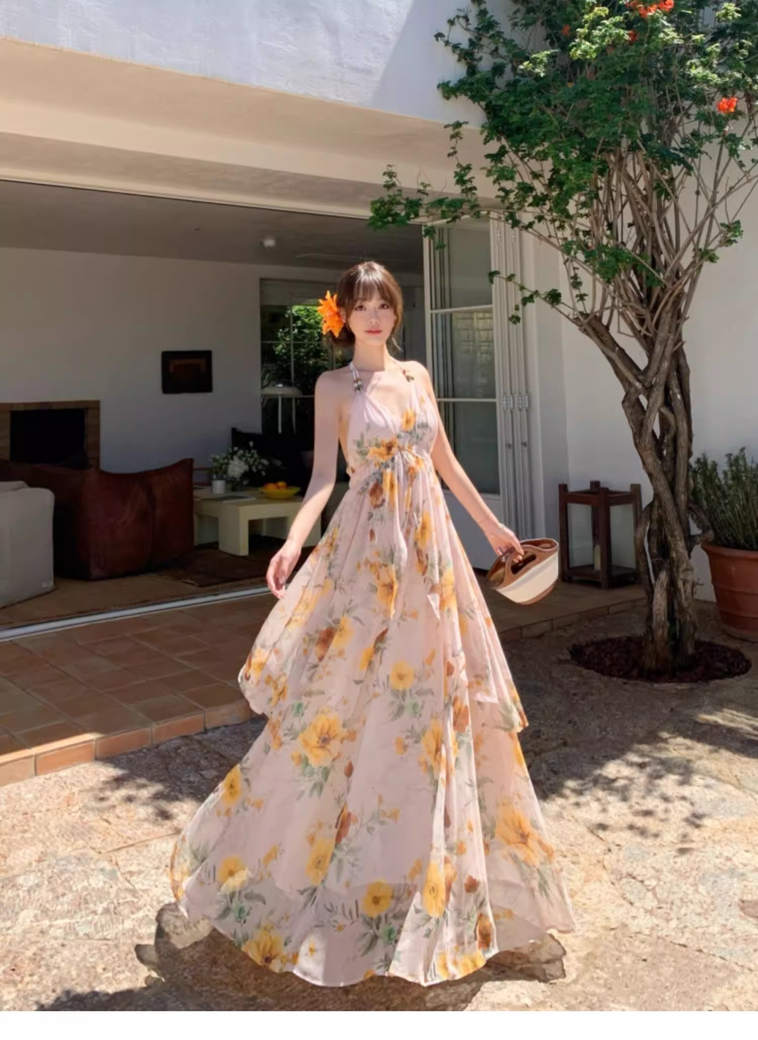 New Fashion Floral V-neck Design Elegant Beach Holiday A-line Sleeveless Halter Dress Summer DressTP4257