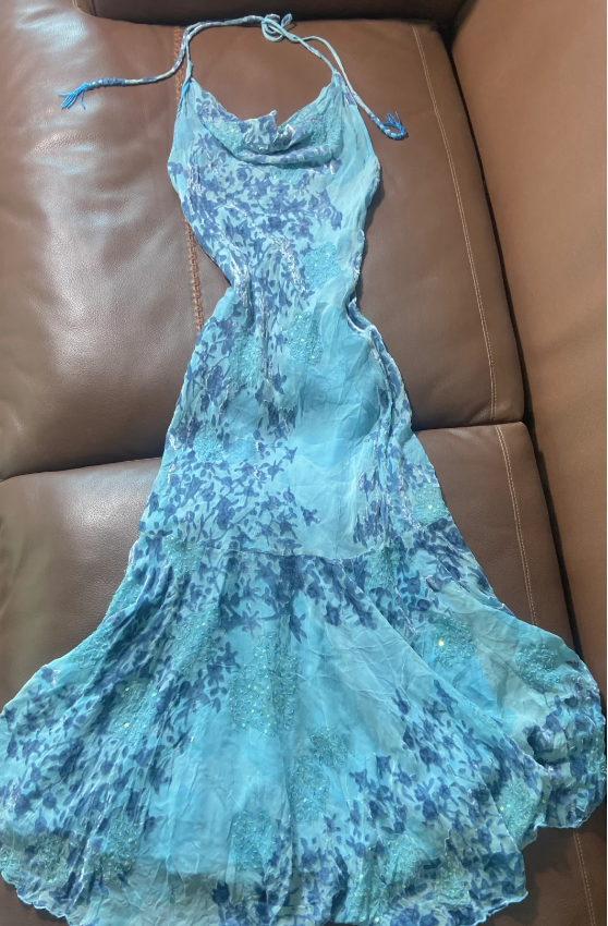 Fresh Lake Blue Halter Neck Mermaid Printed Chiffon Long Prom Dress Evening Dress P4796
