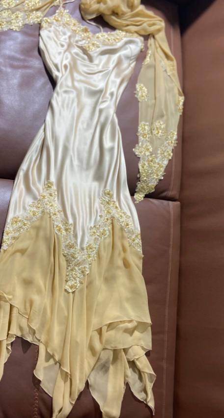 Elegant Pale Yellow Embroidered Irregular Ruffled Satin Chiffon Long Prom Dress Evening Dress P4797