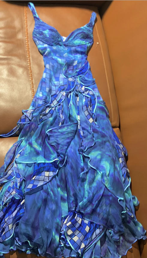 Vintage Blue Plaid Irregular Ruffled Layered Chiffon Long Prom Dress Evening Dress P4798