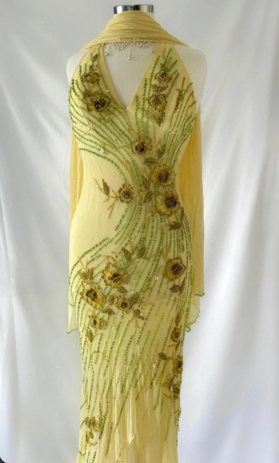 Vintage Yellow Halter Neck 3D Floral Beaded Embroidered Irregular Ruffled Chiffon Long Prom Dress Birthday Dress P4799