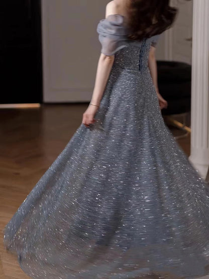Modest Ball Gown Off The Shoulder Sequin Long Party Dress Gray Prom Dress P2325