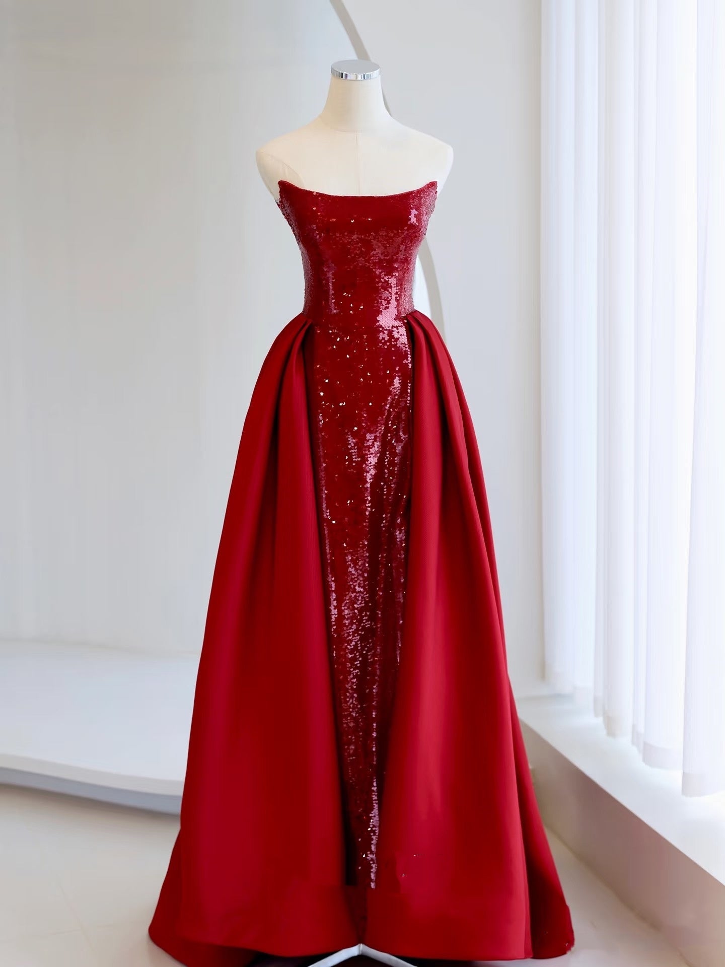 Mermaid Strapless Sequin Red Prom Dresses Long Evening Dress P2026
