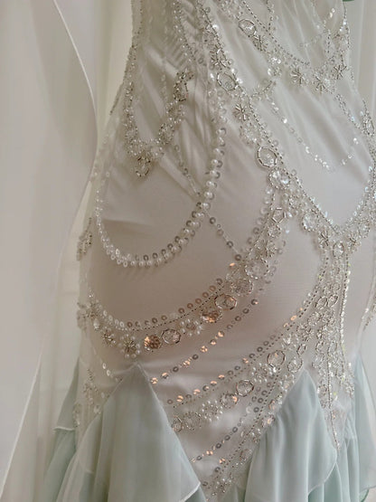 Mint Green Beaded Flowing Long Chiffon Ball Gown Birthday Party Dress Evening Dress gh4407