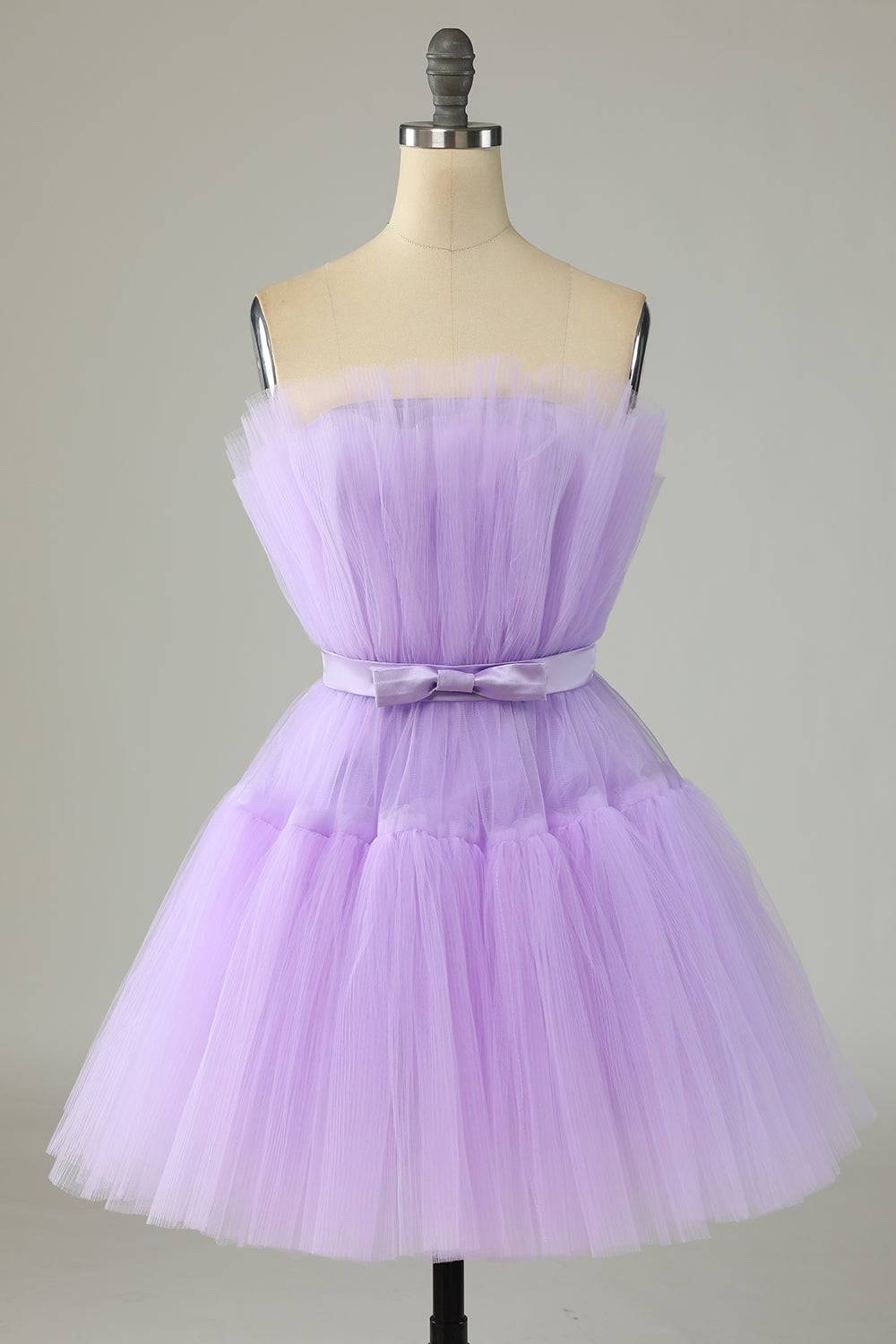 Lilac A-line Strapless Voluminous Tulle Mini Homecoming Dress with Sash