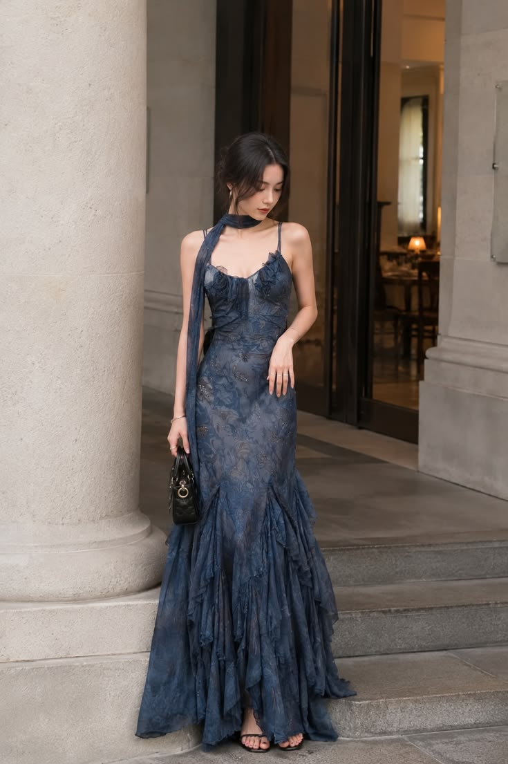 Navy Blue Spaghetti Straps Waist-Cinched Fitted Vintage Elegant Prom Dress, Evening Gown gh7296