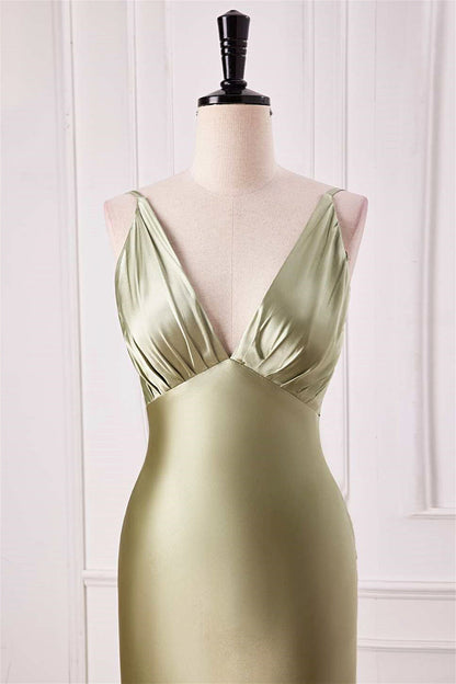 Dusty Sage Mermaid V Neck Satin Long Prom Dress