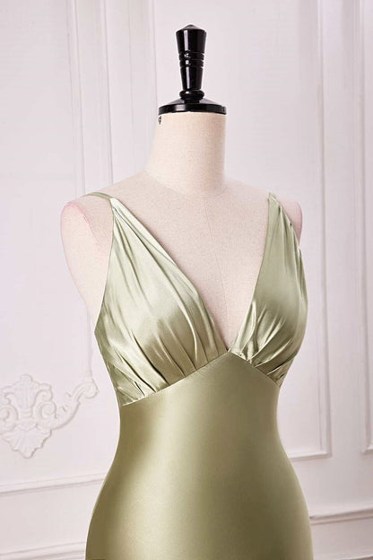 Dusty Sage Mermaid V Neck Satin Long Prom Dress