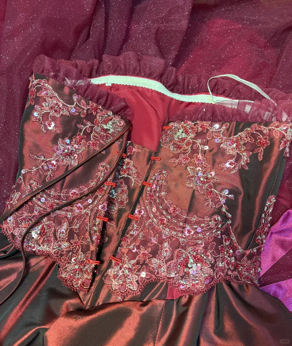 Vintage Burgundy Strapless Sequin Sweet 16 Quinceanera A-Line Evening Dress Ball Gown TP4286