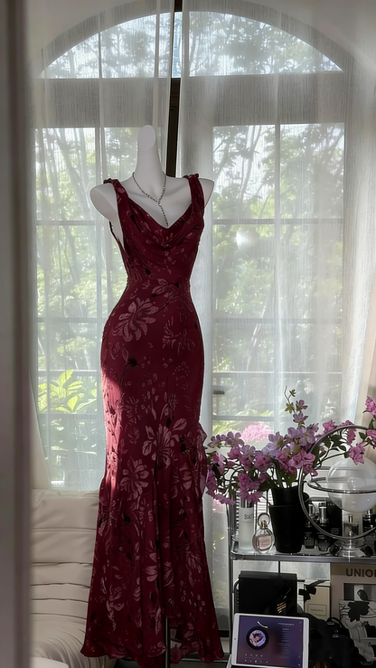 Elegant Purple Mermaid Printed Boat Neck Chiffon Long Prom Dress Evening Dress P4040