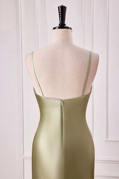 Dusty Sage Mermaid V Neck Satin Long Prom Dress