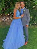 Blue one shoulder tulle long prom dress blue evening dresses
