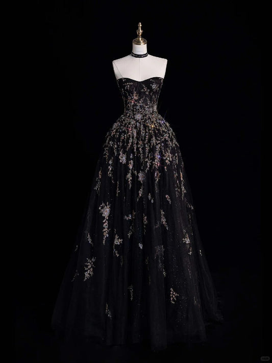 Black gorgeous shining elegant long sequined tulle floor-length ball gown evening gown high-end dress gh4379
