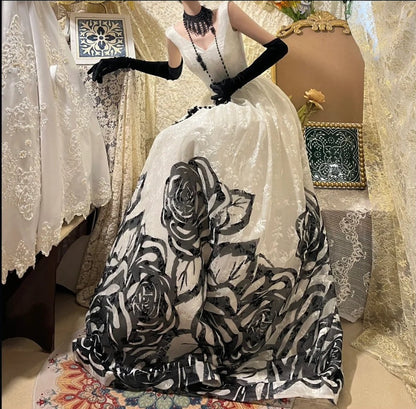 ♣️Blooming black roses gorgeous retro dark night rose dress Hepburn-feel long tulle ball gown evening dress gh4338