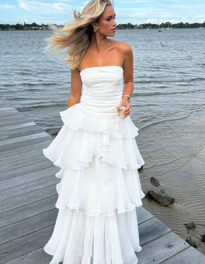 Elegant Ball Gown 2 Pieces Long White Tiered Prom Dress 21th Birthday Outfits P2144