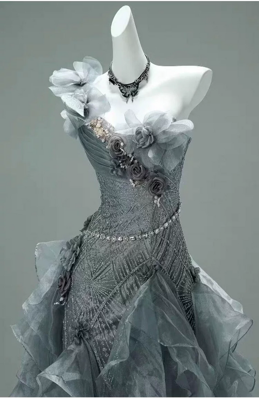 Vintage Gray Ruffled Organza One-Shoulder 3D Floral Beaded Prom Dress TP5867