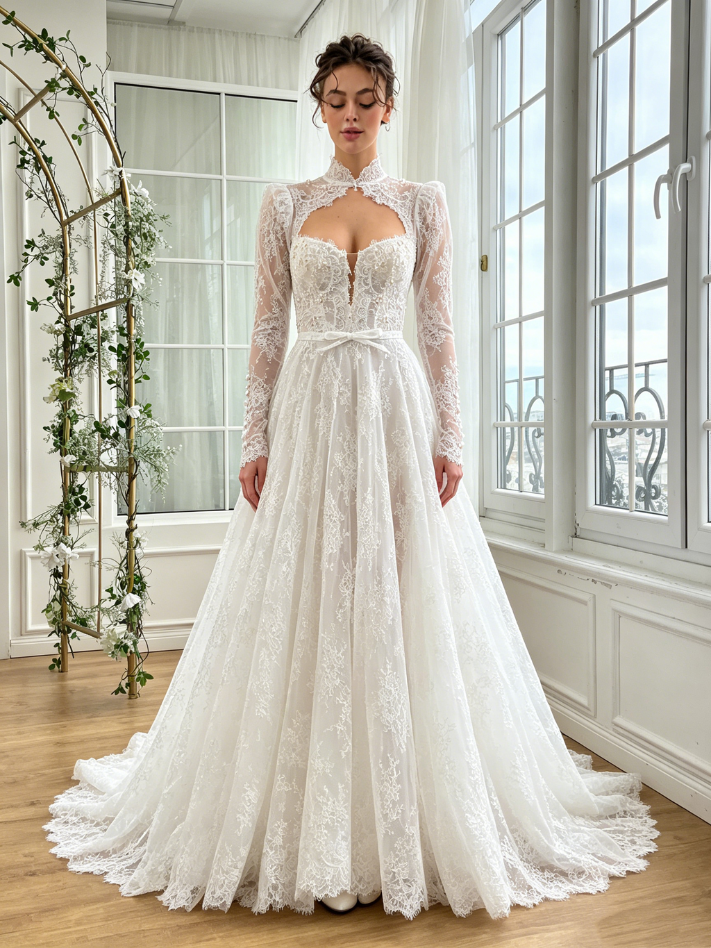 Vintage High Neck Floral Lace Long Sleeve A-Line Wedding TP5914