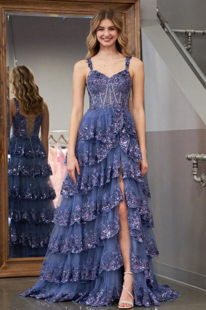 A-Line Sweetheart Neck Tulle Sequin Navy Blue Long Prom Dress P631
