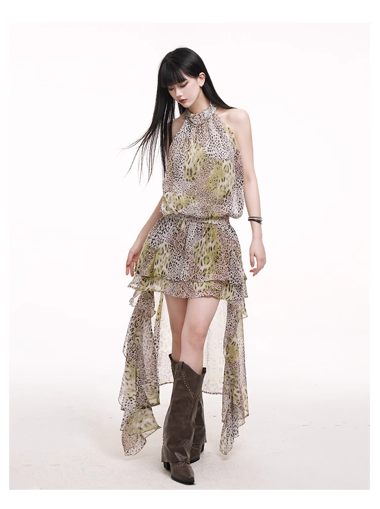 Simple Fashion Leopard Print Plaid Style Halter Dress TP2955