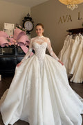 Elegant Ivory High Neck Illusion Long Sleeve Floral Lace Appliques Chapel Train A-Line Wedding Dress TP5904
