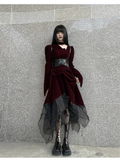 Elegant Fashion Red Velvet Irregular Dress Edge Design Gothic style party High-waisted Long-sleeved Dress TP2915