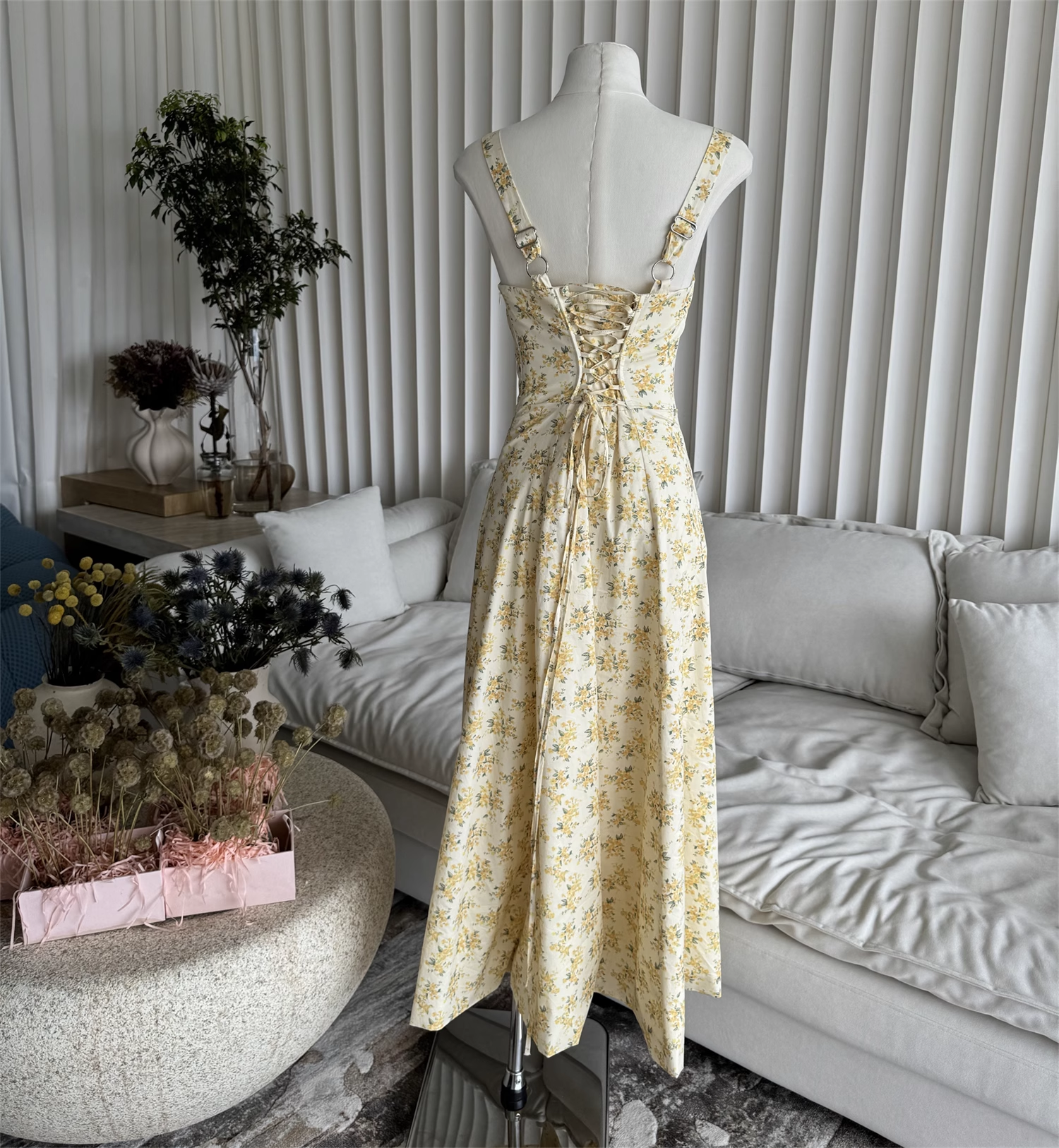Simple Floral Spaghetti Strap Design A-line Split Women Dress TP3874