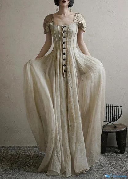 Girlhomeshops-New Retro Elegant Square Neck Summer New Long Chiffon Prom Dress Evening Dress Retro Wedding Bridesmaid Dress gh5251