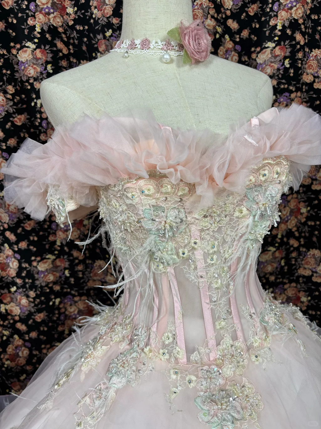 Vintage Pink Sweetheart Off-the-shoulder Tulle Beaded Quinceanera Evening Dress Ball Gown TP4266