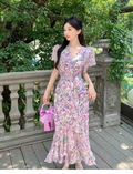 New Fashion Floaral Design V-neck Short Sleeves Mermaid Slim Long Dress TP3048