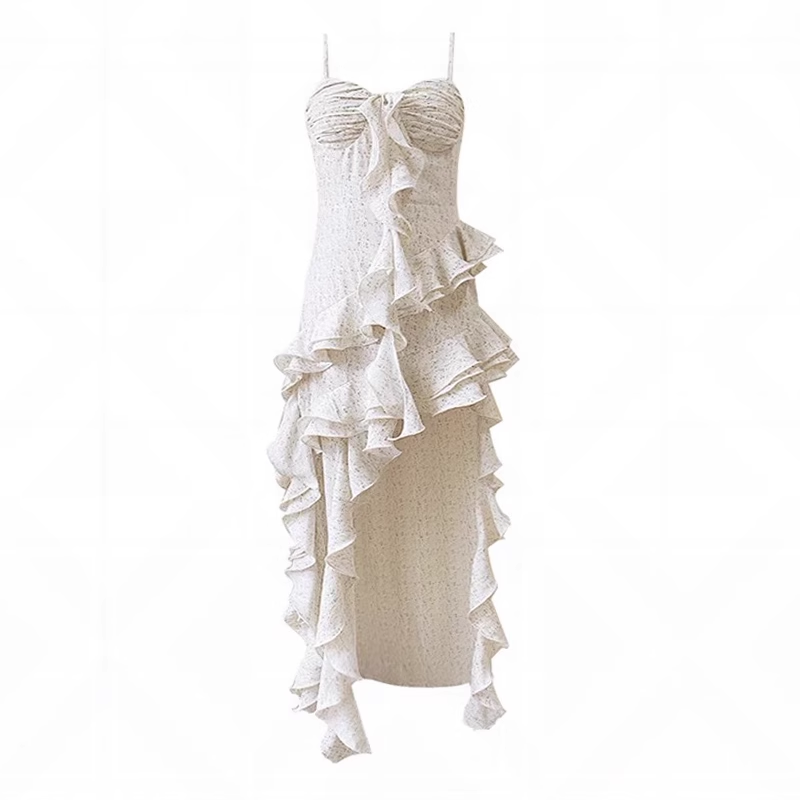 Fashion Irregular Ruffled Dress Hem Design A-line Sleeveless Spaghetti Strap Dress TP3259