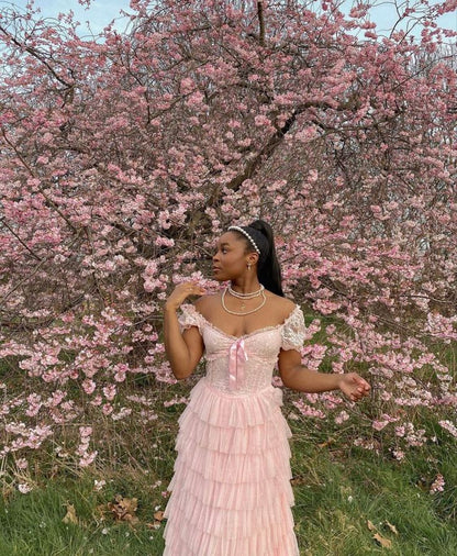 Pink/Green/Blue Delicate Lace Sweet Elegant Cute Long Layered Tulle Chiffon Ball Gown Evening Dress Garden Party Dress Prom Dress gh3780
