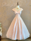 Glamorous Pink V-Neck Lace Prom Dress A-Line Tea Length Evening Gown TP5162