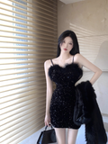 Vintage Black Sequin Bodycon Design A-line Spaghetti Strap Homecoming Dress TP3713