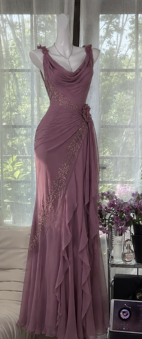 Chic Sheath Long Prom Dress Chiffon Beaded Evening Dress P5017