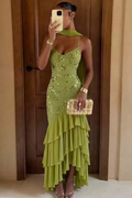 Vintage Olive Green Floral Sequin Spaghetti Strap Mermaid Tiered Matching Scarf Evening Gown TP5900