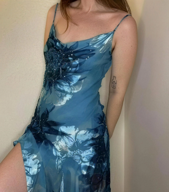 Vintage Lake Blue Spaghetti Strap Blurred Print Beaded Irregular Chiffon Prom Dress P4800