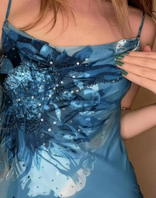 Vintage Lake Blue Spaghetti Strap Blurred Print Beaded Irregular Chiffon Prom Dress P4800